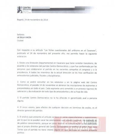 Centro Democrático le notificó al señor Jhon Jairo Torres que el partido no tiene interés alguno en que participe en su proyecto político