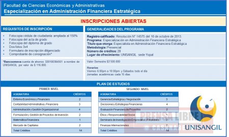 Inscripciones para especialización  en Administración Financiera Estratégica en Unisangil