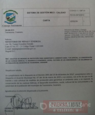 Tauramena radicó ante el Ministerio de Minas y Energía solicitud de medidas de protección ambiental