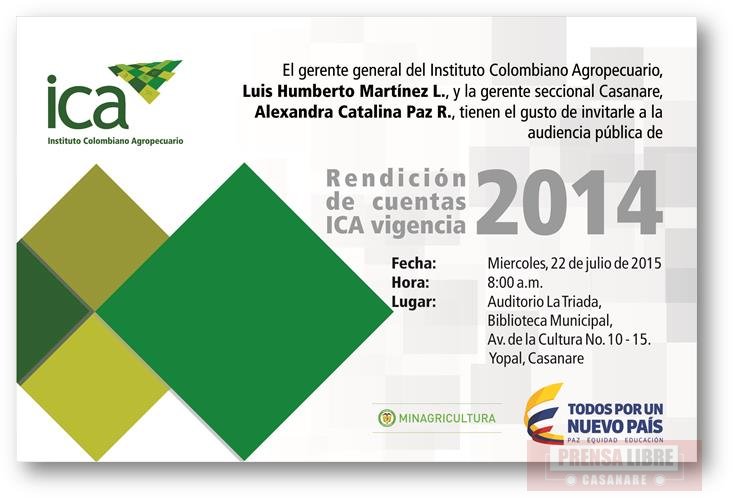 El ICA rinde hoy cuentas de su gestión en Casanare, Arauca, Guainía, Guaviare, Meta, Vaupés y Vichada