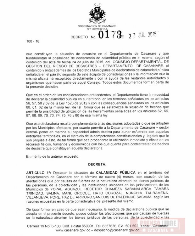 Decreto de Calamidad Pública da vía libre al Gobernador Ruíz para contratar por 4 meses soluciones a ola invernal