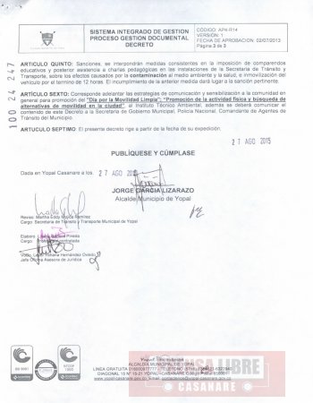 Hoy está restringida circulación de carros y motos por Decreto de Alcaldía de Yopal