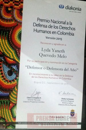 Aguazuleña Lida Quevedo nominada al Premio nacional de la Defensa de los derechos Humanos