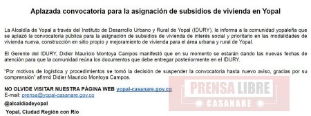 El mismo día el Idury abrió y cerró convocatoria para la asignación de subsidios de vivienda en Yopal