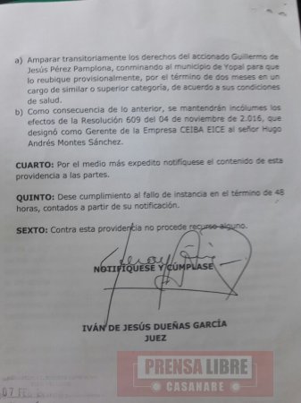 Hugo Andrés Montes se mantiene en la Gerencia de CEIBA EICE. Juez debió aclarar fallo