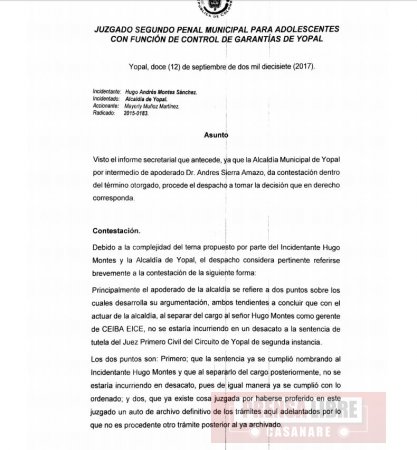 Ultimátum de Juzgado a Alcaldía de Yopal para que reintegre a Gerente de Ceiba EICE