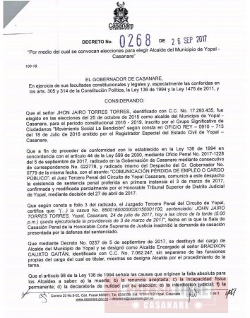 Gobernación emitió Decreto que convoca a elecciones de Alcalde de Yopal
