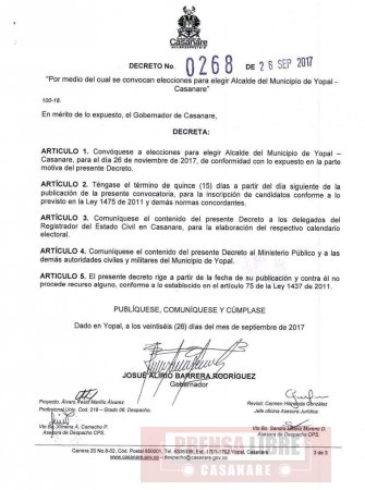 Gobernación emitió Decreto que convoca a elecciones de Alcalde de Yopal