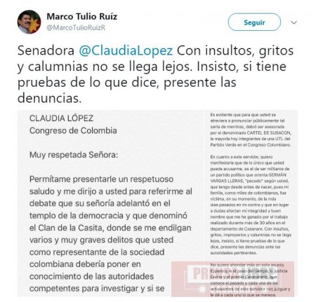 Ex Gobernador Marco Tulio Ruíz le contestó en tono alto a Senadora Claudia López