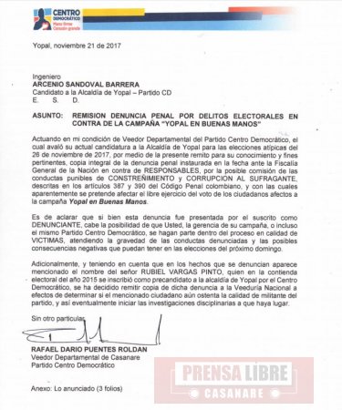 Presuntos delitos electorales en campaña a Alcaldía de Yopal denunció Partido Centro Democrático