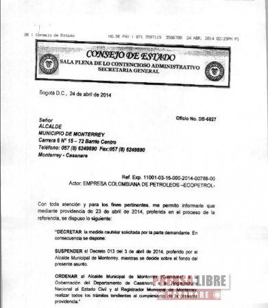 Consejo de Estado ordenó suspender la Consulta Popular de Monterrey por tutela de Ecopetrol