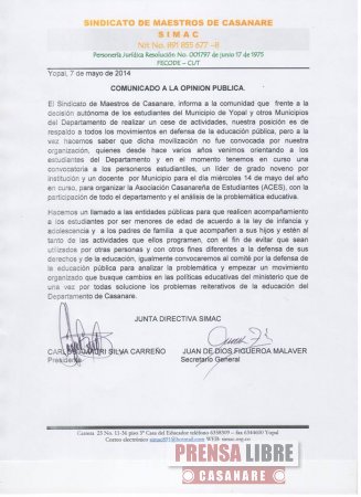 Estudiantes de planteles educativos oficiales de Yopal y Casanare anunciaron para hoy cese de actividades