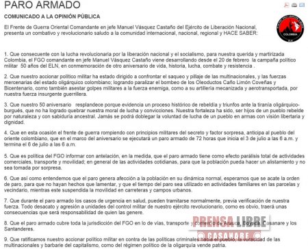 Paro armado del 3 al 6 de julio anunció ELN en Casanare, Arauca, Boyacá y Santander