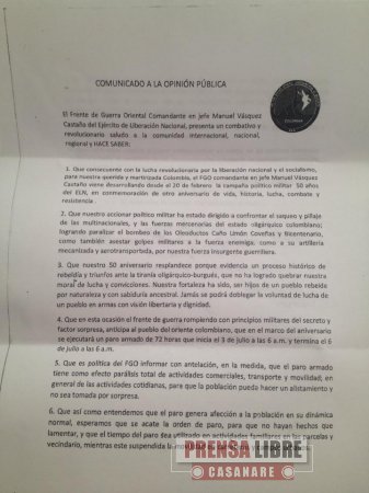 Supuesto &#8220;Paro armado&#8221; del ELN inició hoy en Casanare, Arauca, Boyacá y Santander