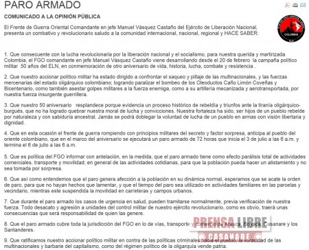 Supuesto &#8220;Paro armado&#8221; del ELN inició hoy en Casanare, Arauca, Boyacá y Santander