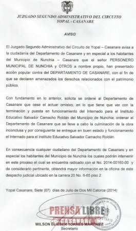 Juzgado ordenó a la Gobernación de Casanare culminar obras del Internado Salvador Camacho Roldán de Nunchía 