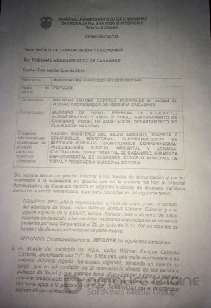 Nuevo incidente de desacato contra Alcalde de Yopal Willman Celemín y Gerente de la EAAAY Adriana Moreno