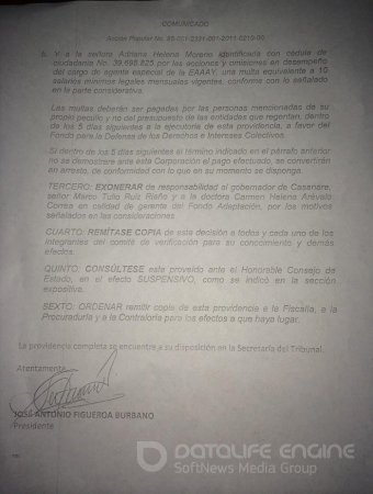 Nuevo incidente de desacato contra Alcalde de Yopal Willman Celemín y Gerente de la EAAAY Adriana Moreno