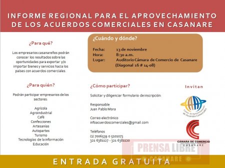 Hoy presentan informe de oportunidades y retos para aprovechamiento de los acuerdos comerciales a empresarios de Casanare 
