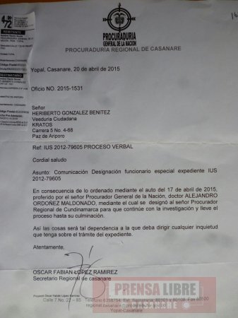 En la Procuraduría de Cundinamarca continúa investigación contra el Alcalde de Paz de Ariporo