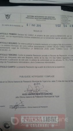 Alcaldía de Yopal negó el Plan Parcial de la ciudadela La Bendición