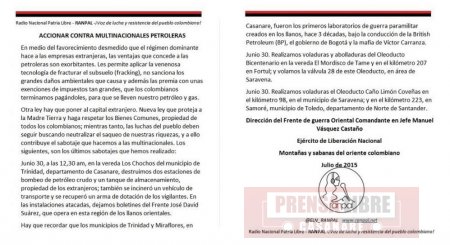 ELN se atribuyó atentados contra Oleoductos en Arauca