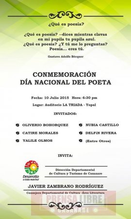 Hoy se conmemora en Yopal el Día Nacional del Poeta