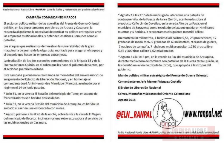Guerrilla del ELN se atribuyó en un comunicado quema de maquinaria y atentados en Casanare  y Arauca 
