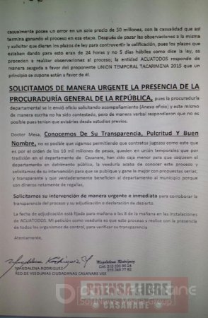 Piden intervención de la Procuraduría en adjudicación de contrato para acueducto del Corregimiento de Tacarimena