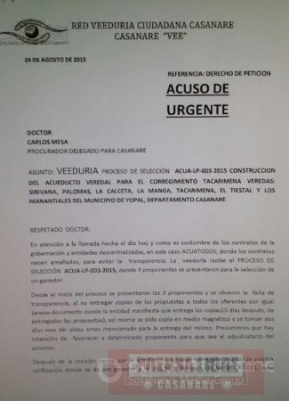 Piden intervención de la Procuraduría en adjudicación de contrato para acueducto del Corregimiento de Tacarimena