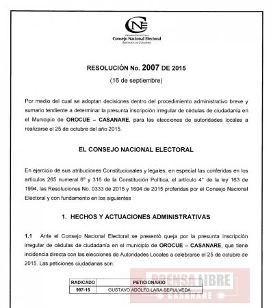 Consejo Nacional Electoral reveló las 1298 cédulas que quedaron sin efecto por trashumancia electoral en Orocué