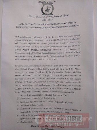 Tribunal Superior de Yopal posesionó al Gobernador Alirio Barrera