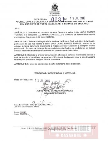 Gobernador ratificó a Luz Marina Cardozo como alcaldesa encargada de Yopal mientras se define terna