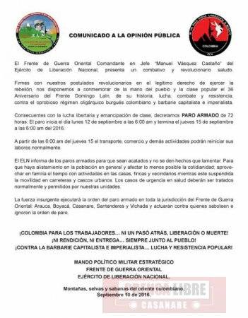 Guerrilla del ELN anunció paro armado desde este lunes en 5 departamentos incluido Casanare