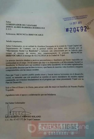 Movimiento la bendición había hecho firmar carta de renuncia a la Alcaldesa de Yopal 