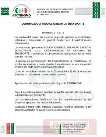 Transportadores de El Morro se declaran en operación tortuga por incumplimientos de compañías 