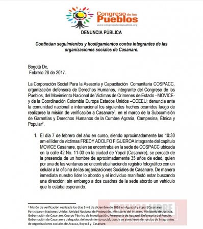 Organizaciones sociales en Casanare denuncian seguimientos ilegales. Piden intervención de derechos humanos