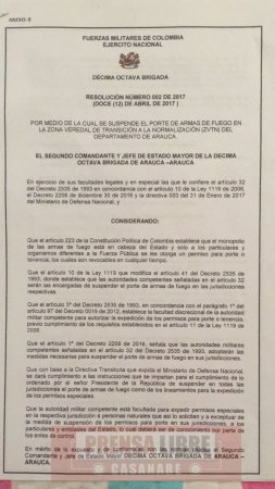 Hasta el 31 de diciembre restricción al porte de armas en zona veredal de transición en Arauca