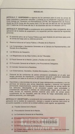 Hasta el 31 de diciembre restricción al porte de armas en zona veredal de transición en Arauca