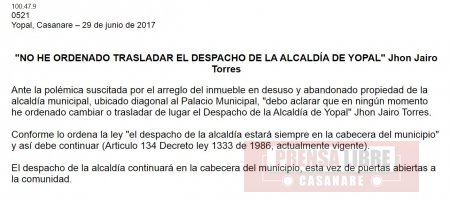 JJ Torres reculó traslado de despacho de la Alcaldía de Yopal