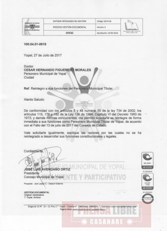 Cesar Figueredo se reintegró al cargo como Personero Municipal de Yopal