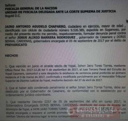 Denuncian por prevaricato ante la Fiscalía al Gobernador de Casanare Alirio Barrera