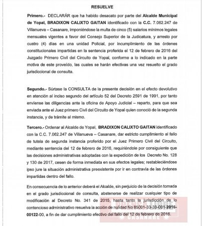 Juez ordenó arresto de 4 días a Alcalde interino de Yopal por desacato en caso Ceiba