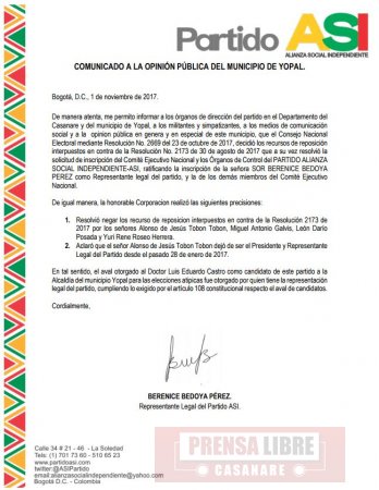 Es legal aval otorgado a la Alcaldía de Yopal a Luis Eduardo Castro según CNE