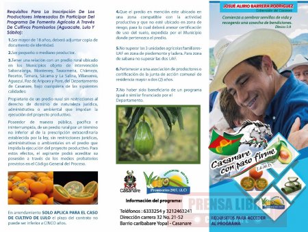 El sábado se socializa proyecto de 100 nuevas hectáreas de cultivos promisorios que se sembrarán en Casanare