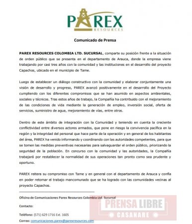 Petrolera Parex suspende operaciones en Arauca luego de que el ELN la declarara objetivo militar