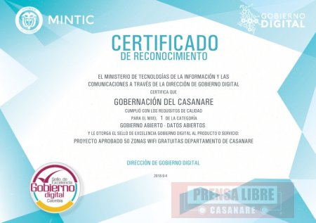 Mintic certificó a la Gobernación de Casanare por proyecto de 50 zonas wifi