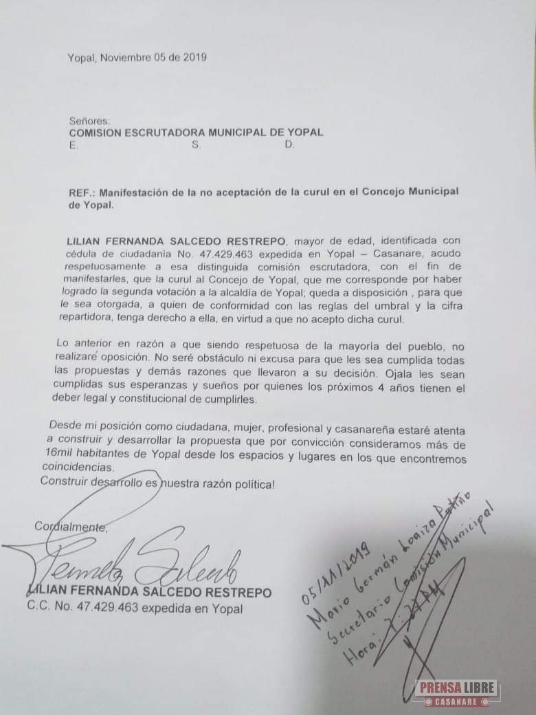 Fernanda Salcedo no aceptó curul en el Concejo Municipal 